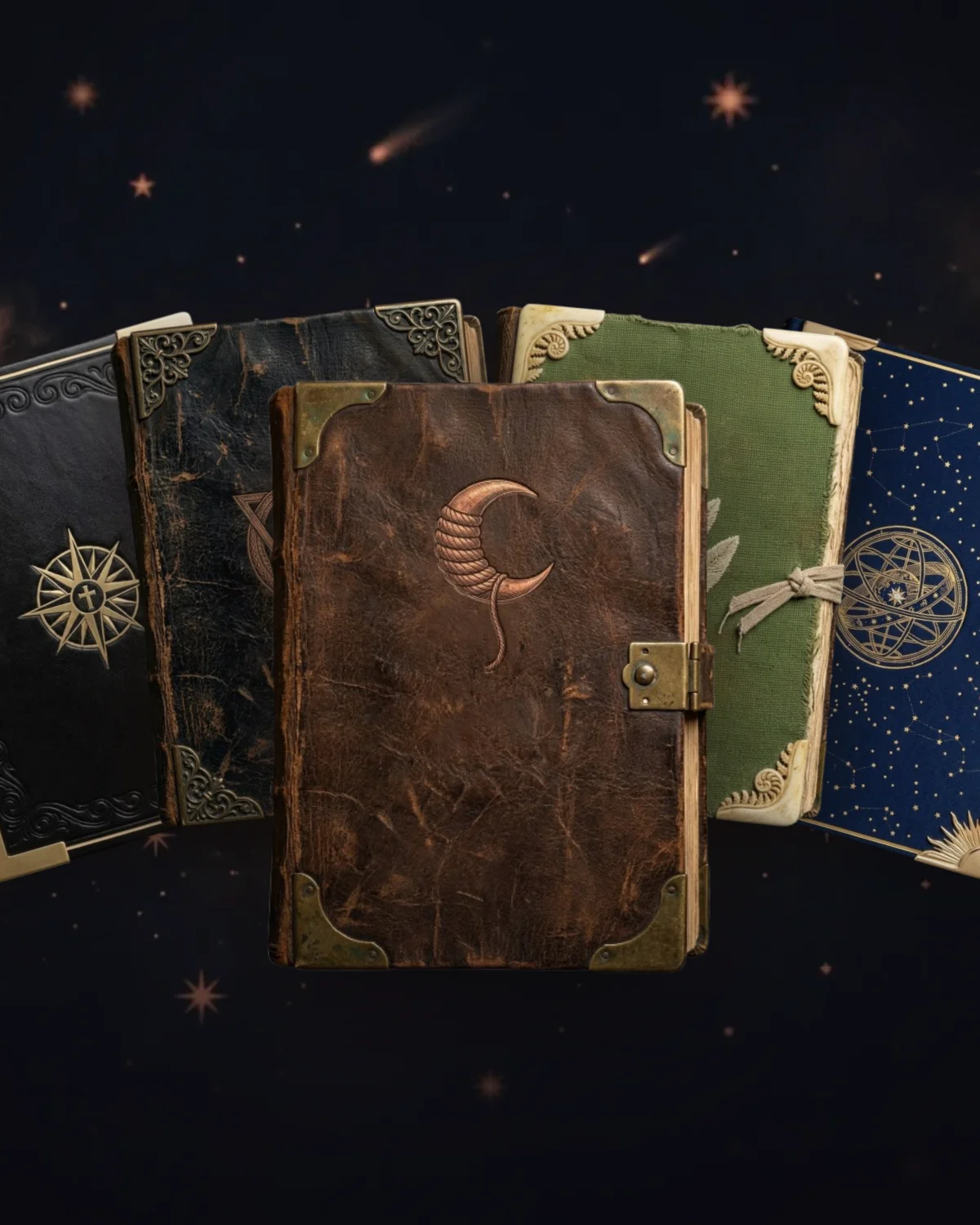 Five journal cover styles — from leather grimoire to stellar atlas