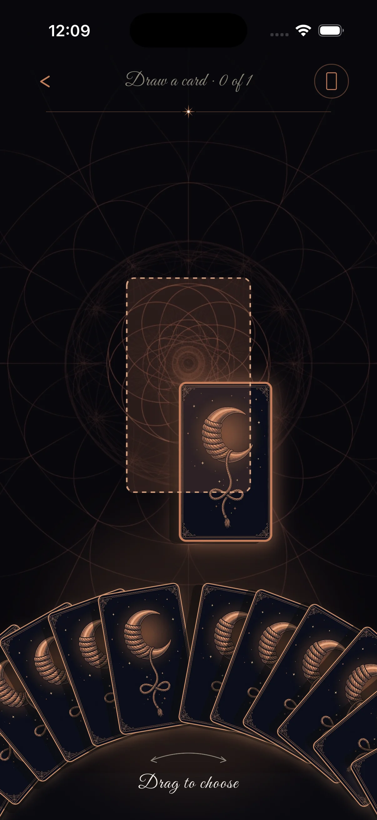 Drawing a card from the deck fan — the ritual moment
