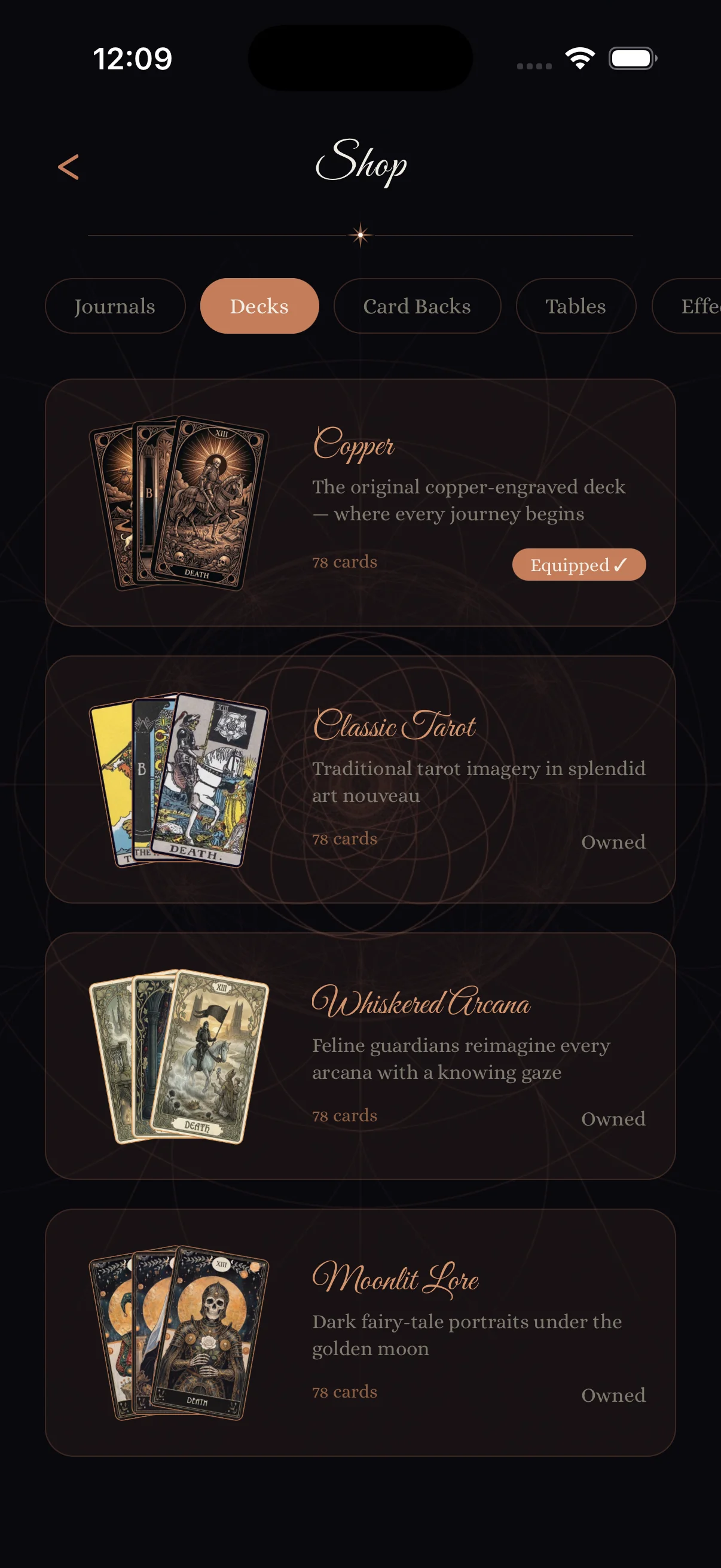 Four illustrated card decks side by side in the Skein shop