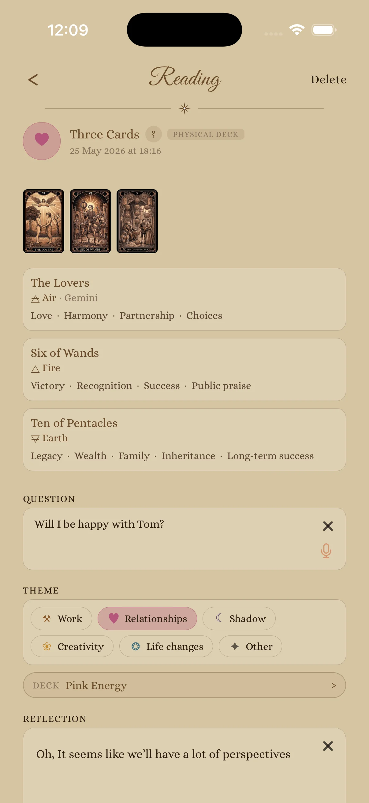 Journal entry detail — three-card reading with theme chip, question, and reflection