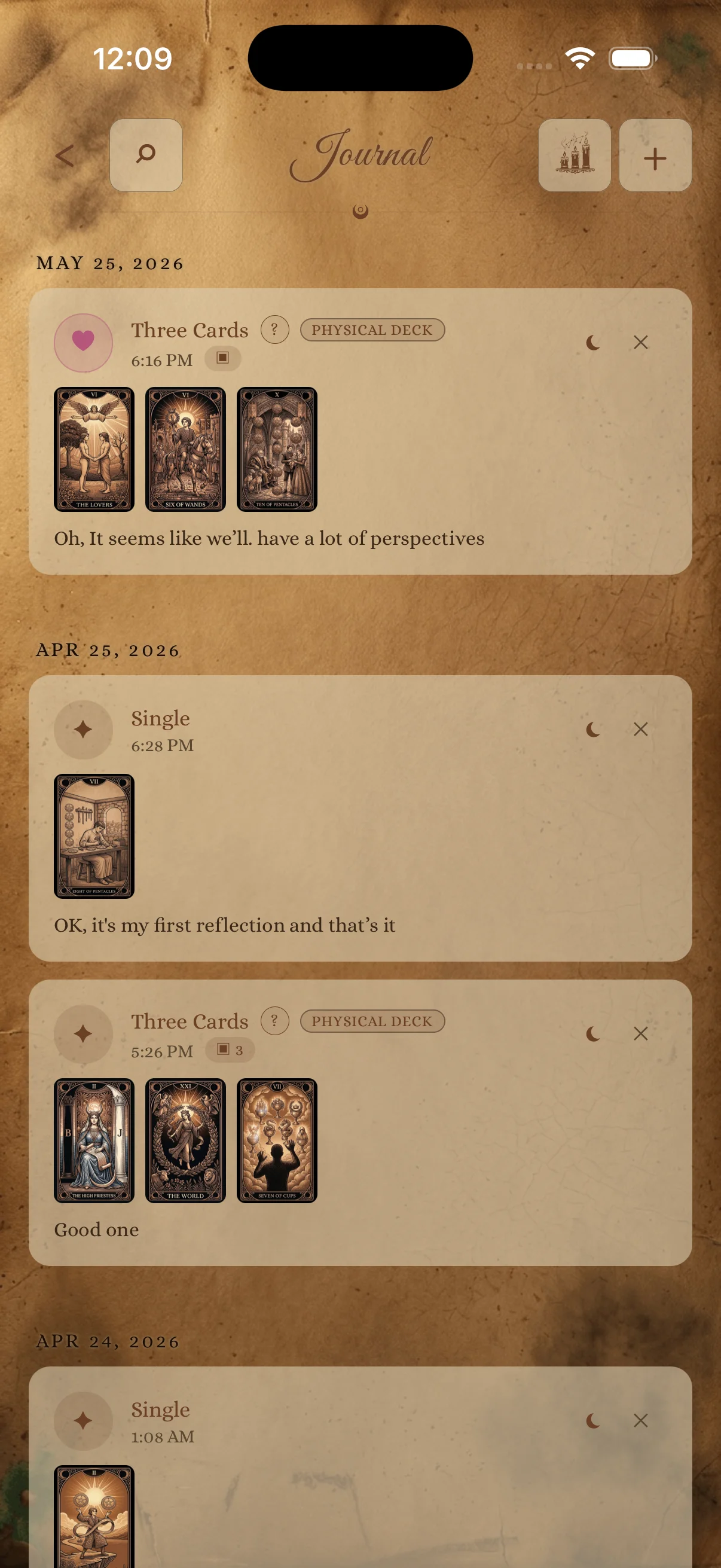 Skein journal feed — readings and free entries on themed parchment