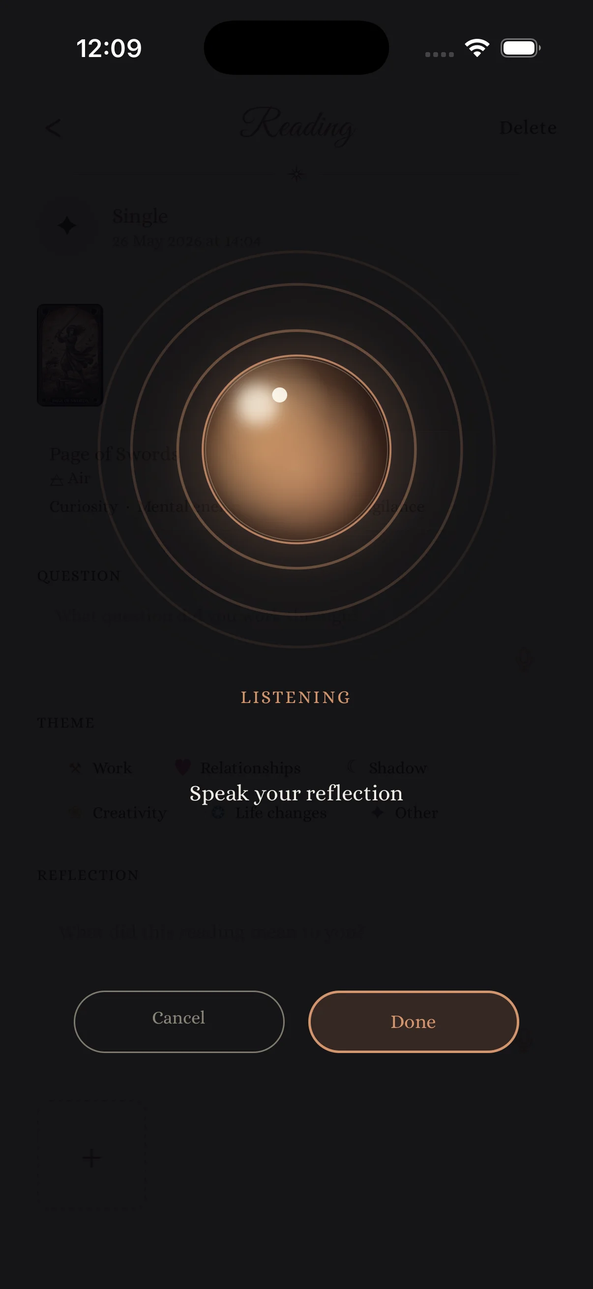 Voice reflection — scrying-sphere overlay pulsing to your voice while dictating an entry